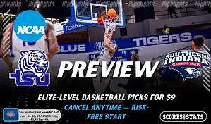 Tennessee State Tigers vs. Southern Indiana Screaming Eagles game preview graphic featuring both team logos, a Tennessee State basketball action background, and a ScoresAndStats “Preview” stats badge (February 12, 2026).