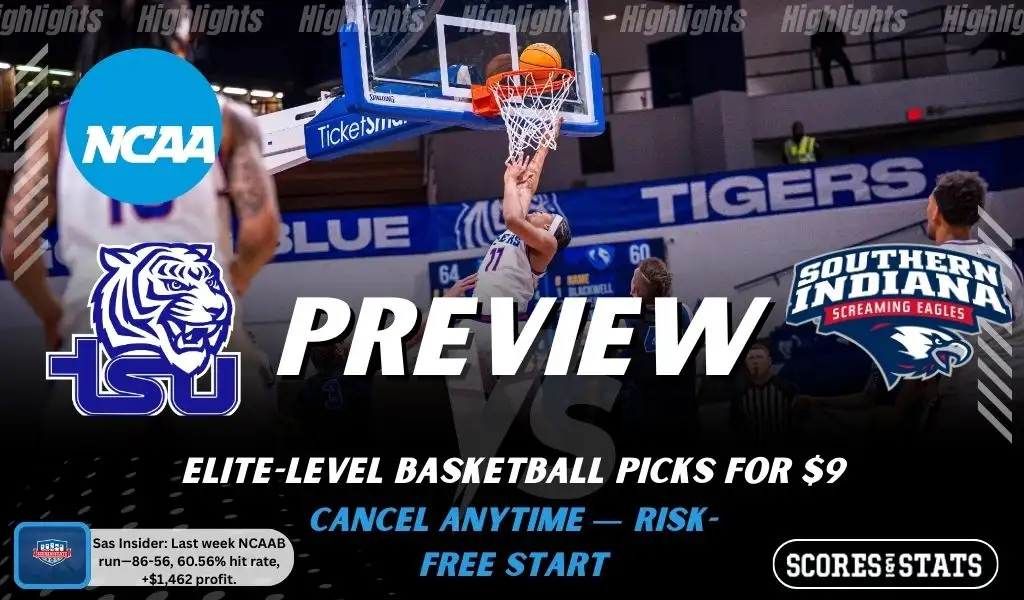 Tennessee State Tigers vs. Southern Indiana Screaming Eagles game preview graphic featuring both team logos, a Tennessee State basketball action background, and a ScoresAndStats “Preview” stats badge (February 12, 2026).