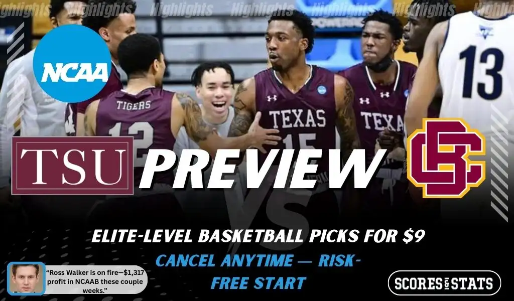 Texas Southern Tigers vs. Bethune-Cookman Wildcats game preview graphic featuring both team logos, a Texas Southern basketball action background, and a ScoresAndStats “Preview” stats badge (February 9, 2026).