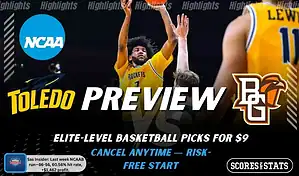 NCAAB preview graphic for Toledo Rockets vs Bowling Green Falcons with both team logos, a matchup-themed background image, and the ScoresandStats logo.