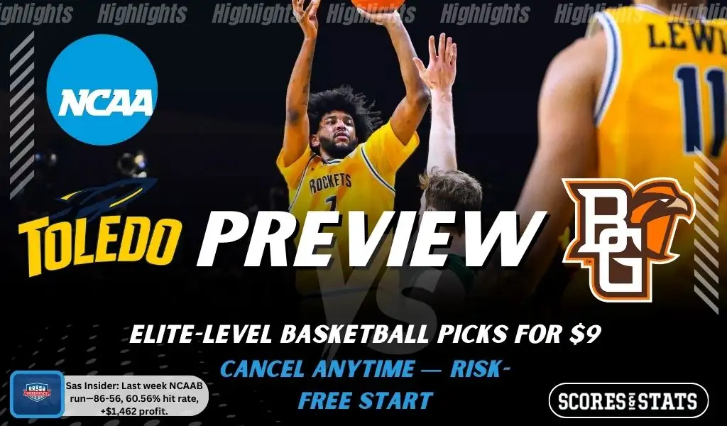 NCAAB preview graphic for Toledo Rockets vs Bowling Green Falcons with both team logos, a matchup-themed background image, and the ScoresandStats logo.