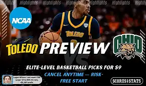 NCAAB picks and predictions preview graphic for Toledo Rockets vs Ohio Bobcats featuring both team logos, a matchup-themed background image, and the ScoresandStats logo.