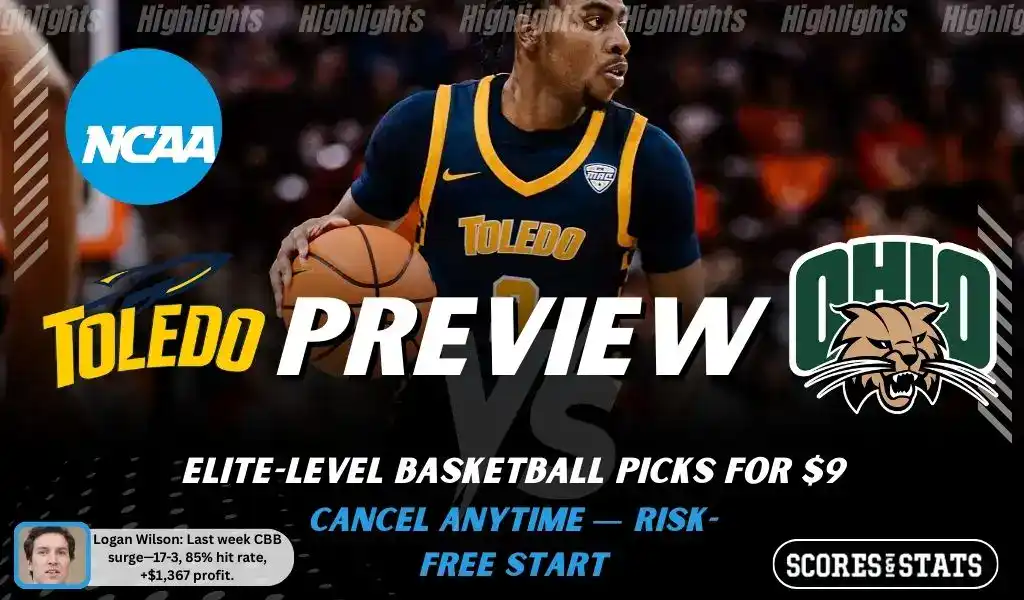 NCAAB picks and predictions preview graphic for Toledo Rockets vs Ohio Bobcats featuring both team logos, a matchup-themed background image, and the ScoresandStats logo.