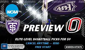 St. Thomas (MN) Tommies vs. Omaha Mavericks game preview graphic featuring both team logos, a St. Thomas (MN) basketball action background, and a ScoresAndStats “Preview” stats badge (February 12, 2026).