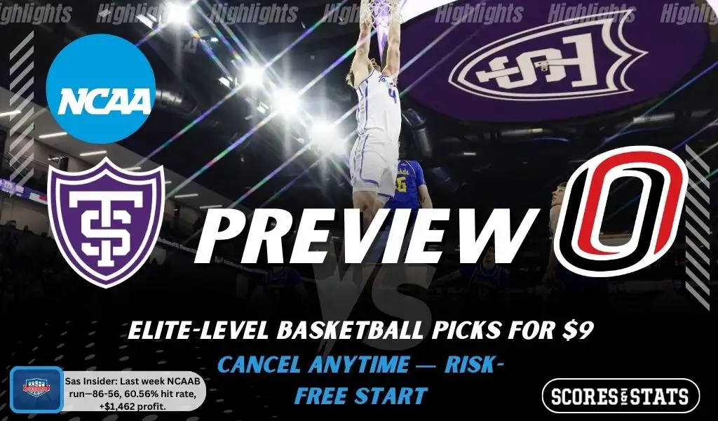 St. Thomas (MN) Tommies vs. Omaha Mavericks game preview graphic featuring both team logos, a St. Thomas (MN) basketball action background, and a ScoresAndStats “Preview” stats badge (February 12, 2026).