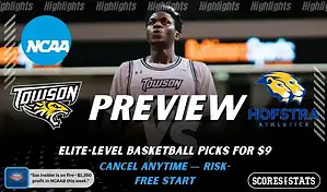 Towson Tigers vs Hofstra Pride picks and predictions preview graphic for February 7, 2026, featuring both team logos, a “Preview” stats label, and Towson basketball action in the background.