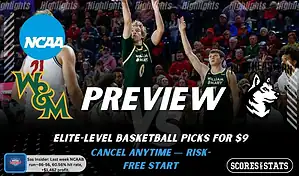 William & Mary Tribe vs. Northeastern Huskies game preview graphic featuring both team logos, a William & Mary basketball action background, and a ScoresAndStats “Preview” stats badge (February 12, 2026).