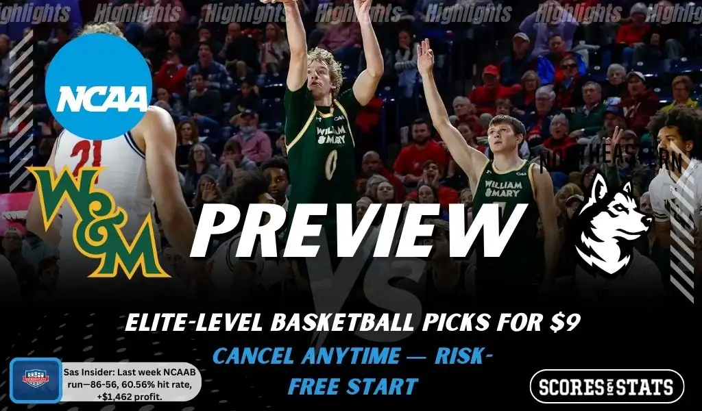 William & Mary Tribe vs. Northeastern Huskies game preview graphic featuring both team logos, a William & Mary basketball action background, and a ScoresAndStats “Preview” stats badge (February 12, 2026).