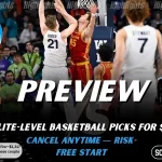 USC Trojans vs. Ohio State Buckeyes game preview graphic featuring both team logos, a USC basketball action background, and a ScoresAndStats “Preview” stats badge (February 11, 2026).