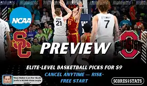 USC Trojans vs. Ohio State Buckeyes game preview graphic featuring both team logos, a USC basketball action background, and a ScoresAndStats “Preview” stats badge (February 11, 2026).