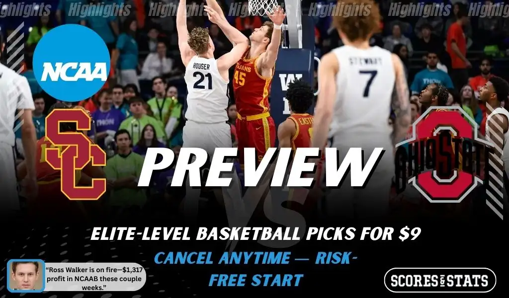 USC Trojans vs. Ohio State Buckeyes game preview graphic featuring both team logos, a USC basketball action background, and a ScoresAndStats “Preview” stats badge (February 11, 2026).