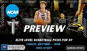 Troy Trojans vs. Southern Miss Golden Eagles game preview graphic featuring both team logos, a “Preview” stats logo, and a Troy Trojans college basketball action photo in the background.