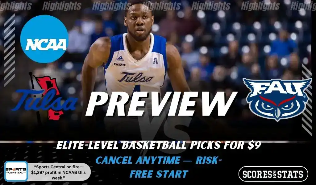 Tulsa Golden Hurricane vs Florida Atlantic Owls preview graphic with both team logos, “Picks and Predictions” label, and Tulsa basketball action background (February 4, 2026).