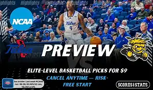 Tulsa Golden Hurricane vs Wichita State Shockers game preview image with both team logos, ScoresAndStats “Preview” branding, and Tulsa basketball action background