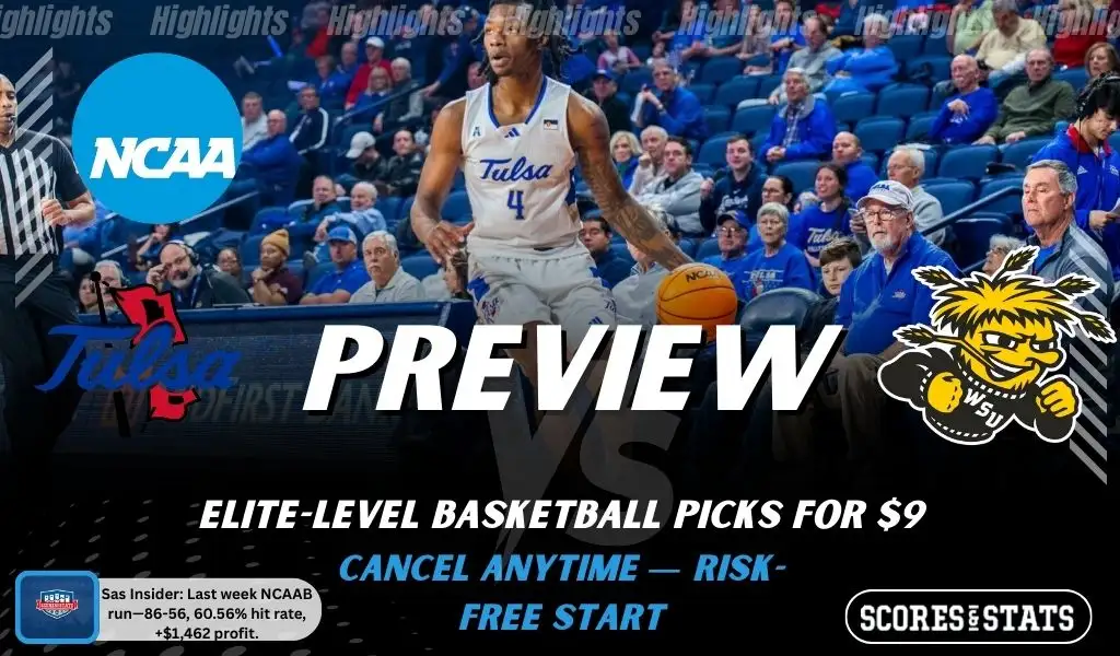 Tulsa Golden Hurricane vs Wichita State Shockers game preview image with both team logos, ScoresAndStats “Preview” branding, and Tulsa basketball action background