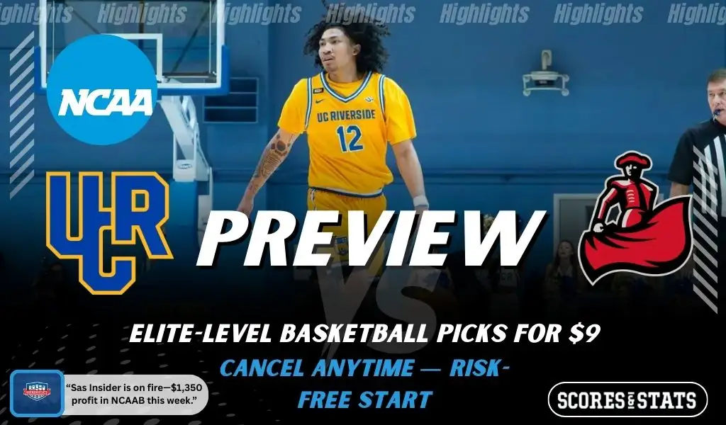 UC Riverside Highlanders vs CSUN Matadors picks and predictions preview graphic for February 7, 2026, featuring both team logos, a “Preview” stats label, and UC Riverside basketball action in the background.