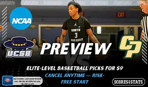 UC Santa Barbara Gauchos vs Cal Poly Mustangs game preview image with both team logos, ScoresAndStats “Preview” branding, and UC Santa Barbara basketball action background.