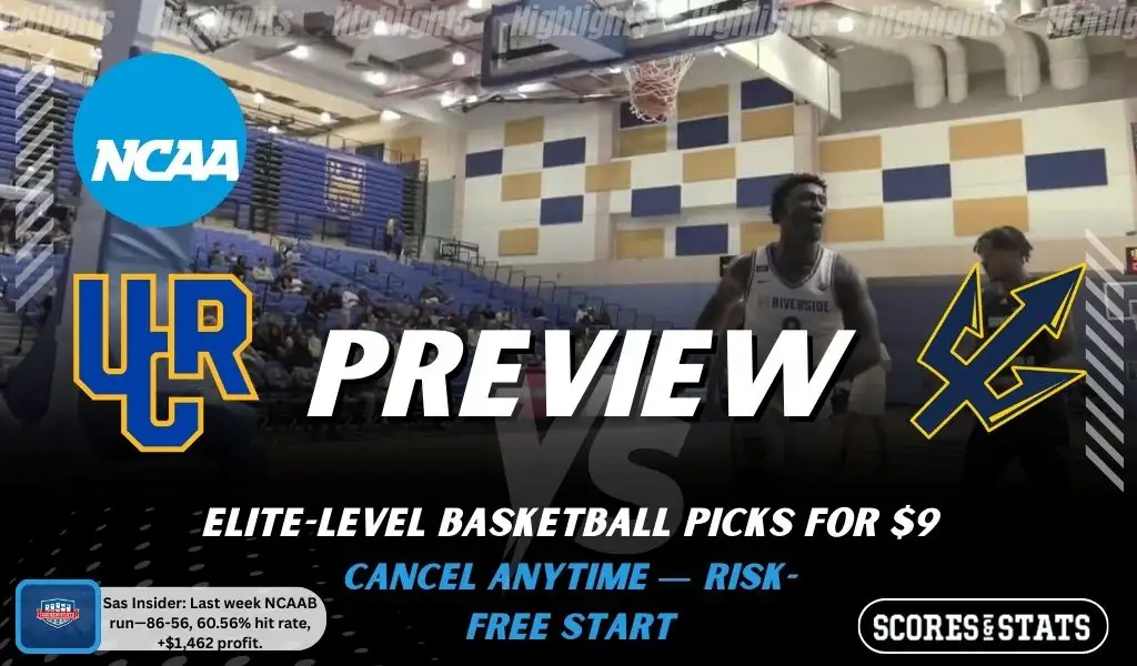 UC Riverside Highlanders vs. UC San Diego Tritons game preview graphic featuring both team logos, a “Preview” stats logo, and a UC Riverside Highlanders college basketball action photo in the background.