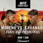 UFC Fight Night poster featuring a bantamweight bout between Moreno vs. Kavanagh, showcasing their records and predictions.