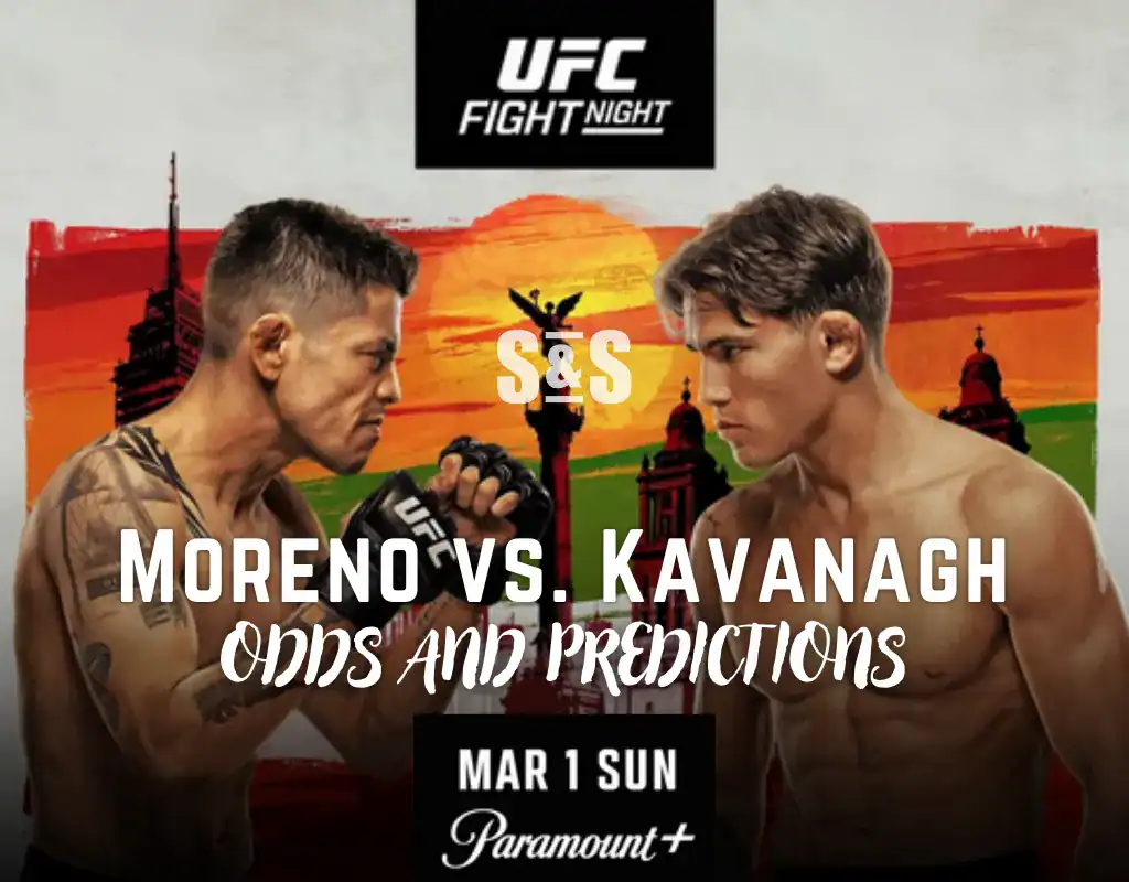 UFC Fight Night poster featuring a bantamweight bout between Moreno vs. Kavanagh, showcasing their records and predictions.