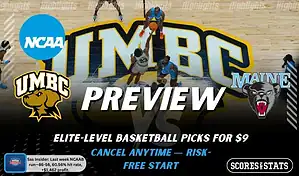 UMBC Retrievers vs. Maine Black Bears game preview graphic featuring both team logos, a UMBC basketball action background, and a ScoresAndStats “Preview” stats badge (February 12, 2026).