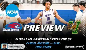 NCAAB preview graphic for Massachusetts-Lowell River Hawks vs Vermont Catamounts with both team logos, a matchup-themed background image, and the ScoresandStats logo.