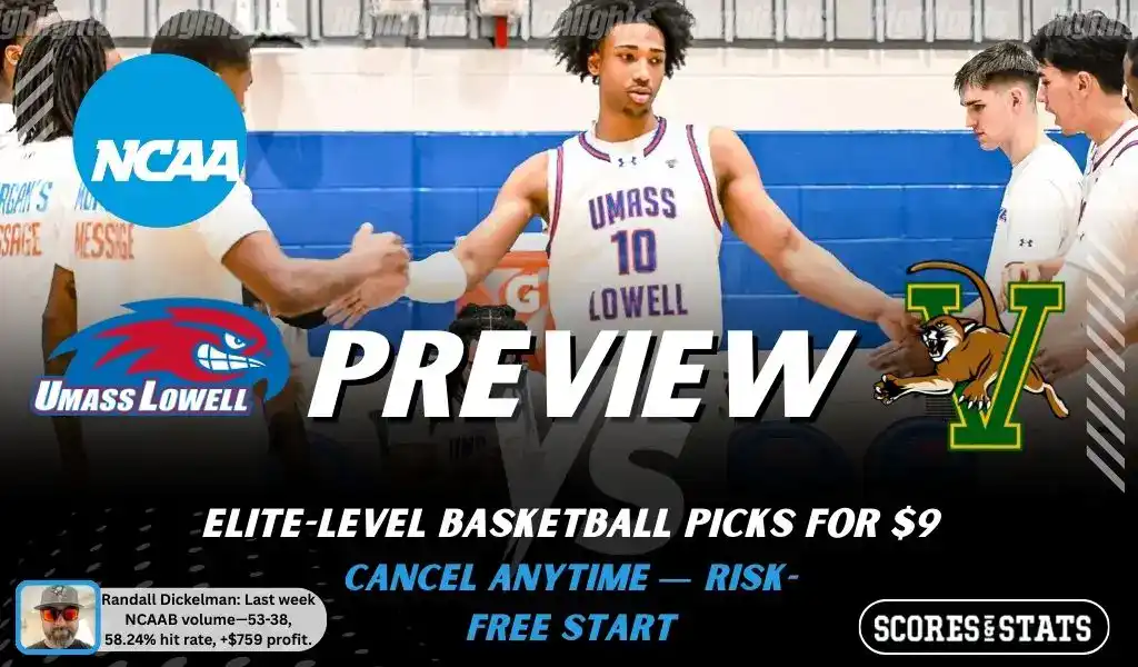 NCAAB preview graphic for Massachusetts-Lowell River Hawks vs Vermont Catamounts with both team logos, a matchup-themed background image, and the ScoresandStats logo.