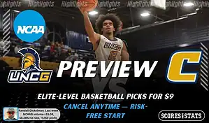 NCAAB preview graphic for UNCG Spartans vs Chattanooga Mocs with both team logos, a matchup-themed background image, and the ScoresandStats logo.