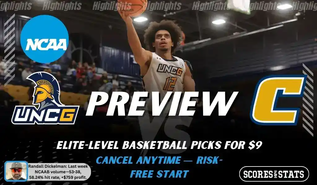 NCAAB preview graphic for UNCG Spartans vs Chattanooga Mocs with both team logos, a matchup-themed background image, and the ScoresandStats logo.