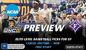 UNCG Spartans vs Furman Paladins picks and predictions preview graphic for February 8, 2026, featuring both team logos, a “Preview” stats label, and UNCG basketball action in the background.