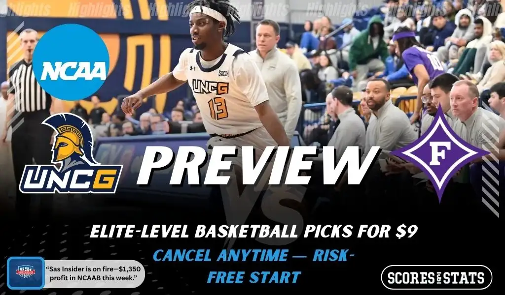 UNCG Spartans vs Furman Paladins picks and predictions preview graphic for February 8, 2026, featuring both team logos, a “Preview” stats label, and UNCG basketball action in the background.