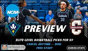 UNCW Seahawks vs. Charleston Cougars game preview graphic featuring both team logos, a UNCW basketball action background, and a ScoresAndStats “Preview” stats badge (February 9, 2026).