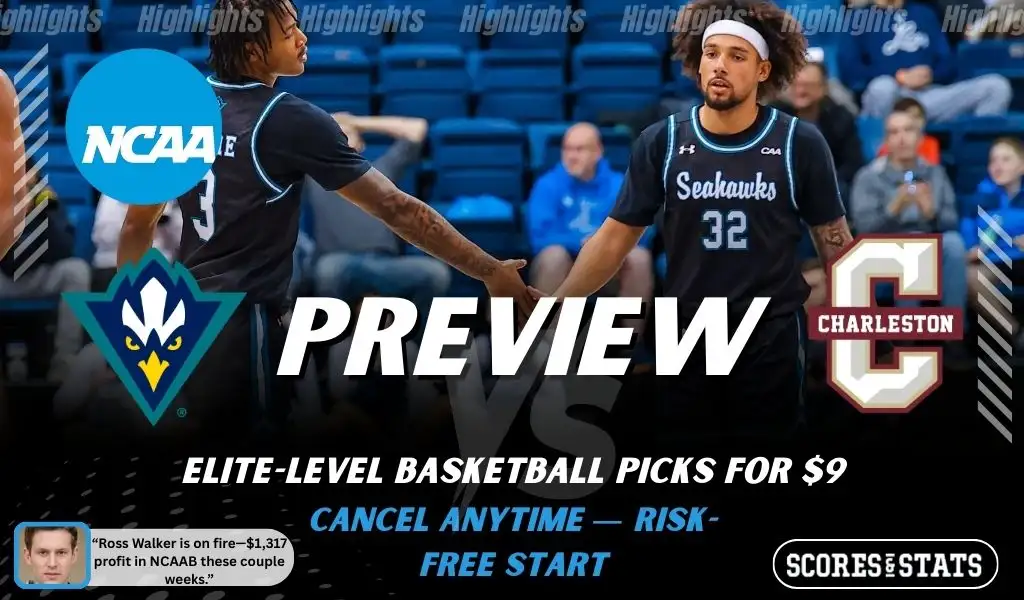 UNCW Seahawks vs. Charleston Cougars game preview graphic featuring both team logos, a UNCW basketball action background, and a ScoresAndStats “Preview” stats badge (February 9, 2026).