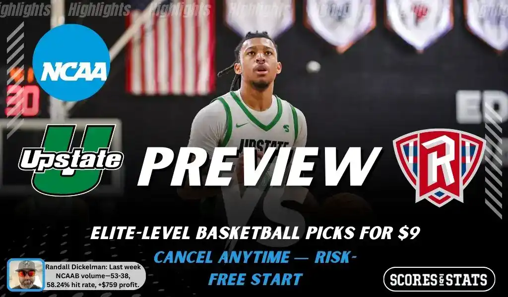 NCAAB preview graphic for USC Upstate Spartans vs Radford Highlanders with both team logos, a matchup-themed background image, and the ScoresandStats logo.