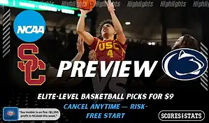 USC Trojans vs Penn State Nittany Lions picks and predictions preview graphic for February 8, 2026, featuring both team logos, a “Preview” stats label, and USC Trojans basketball action in the background.