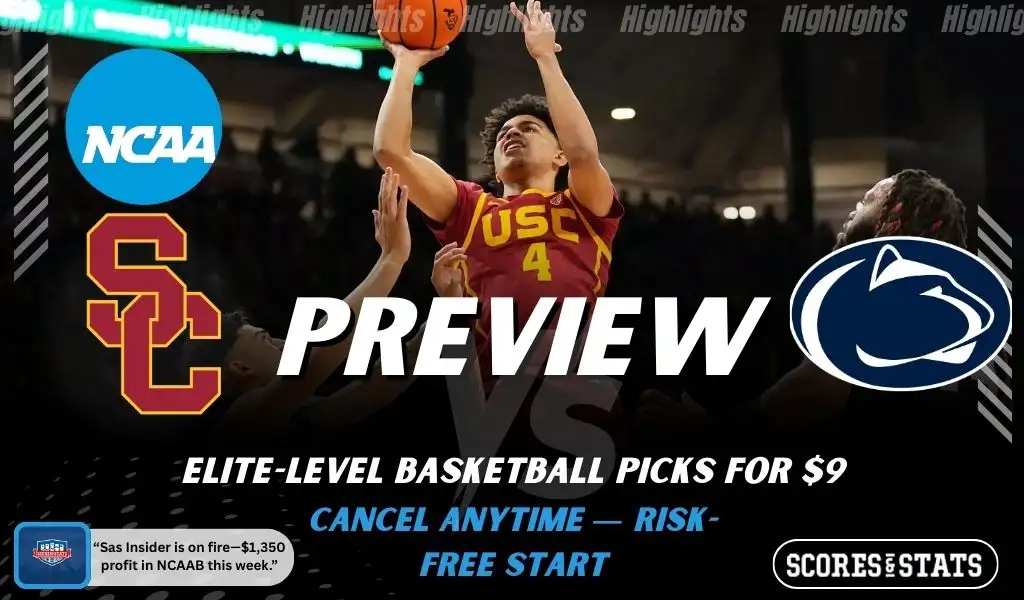USC Trojans vs Penn State Nittany Lions picks and predictions preview graphic for February 8, 2026, featuring both team logos, a “Preview” stats label, and USC Trojans basketball action in the background.