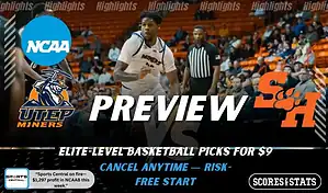 UTEP Miners vs Sam Houston Bearkats picks and predictions preview graphic for February 4, 2026, featuring both team logos, a “Preview” stats label, and UTEP Miners basketball action in the background.