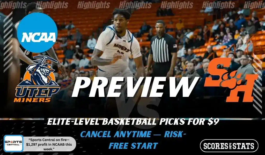 UTEP Miners vs Sam Houston Bearkats picks and predictions preview graphic for February 4, 2026, featuring both team logos, a “Preview” stats label, and UTEP Miners basketball action in the background.