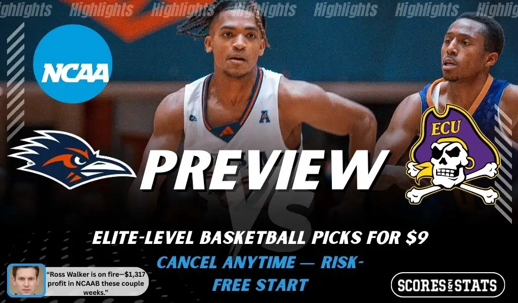 UTSA Roadrunners vs. East Carolina Pirates game preview graphic featuring both team logos, a UTSA basketball action background, and a ScoresAndStats “Preview” stats badge (February 11, 2026).