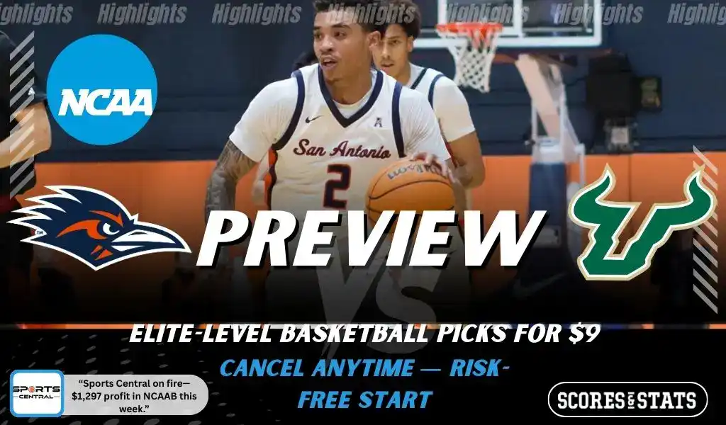 UTSA Roadrunners vs South Florida Bulls preview graphic with both team logos, “Picks and Predictions” label, and UTSA Roadrunners basketball action background (February 4, 2026).