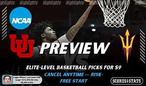 NCAAB picks and predictions preview graphic for Utah Utes vs Arizona State Sun Devils featuring both team logos, a matchup-themed background image, and the ScoresandStats logo.