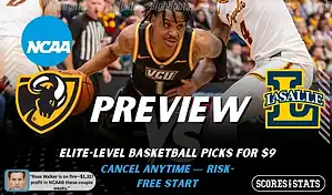 VCU Rams vs. La Salle Explorers game preview graphic featuring both team logos, a VCU basketball action background, and a ScoresAndStats “Preview” stats badge (February 11, 2026).
