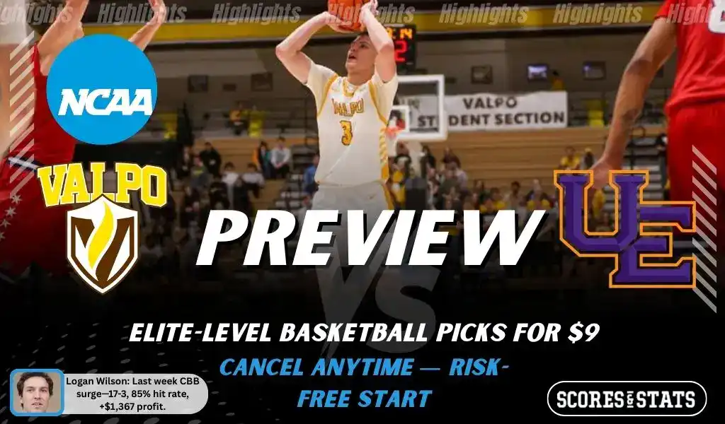 NCAAB picks and predictions preview graphic for Valparaiso Beacons vs Evansville Purple Aces featuring both team logos, a matchup-themed background image, and the ScoresandStats logo.