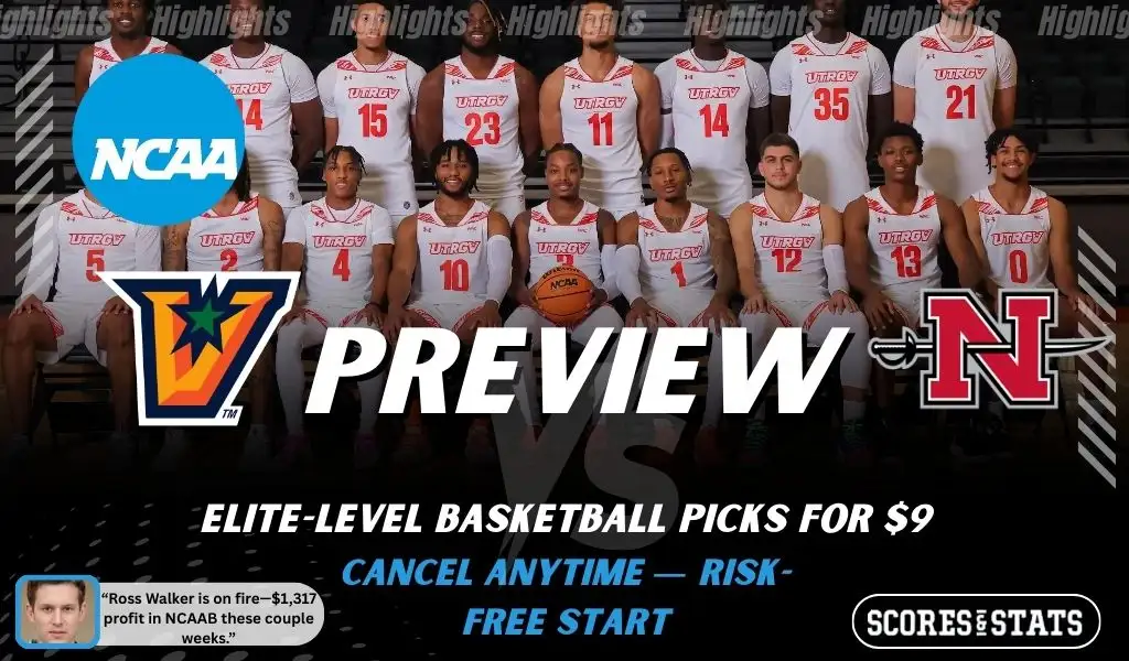 Texas–Rio Grande Valley Vaqueros vs. Nicholls Colonels game preview graphic featuring both team logos, a Texas–Rio Grande Valley basketball action background, and a ScoresAndStats “Preview” stats badge (February 9, 2026).