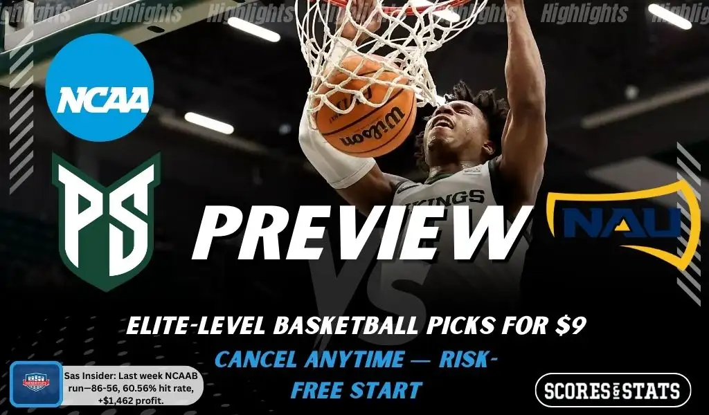 Portland State Vikings vs. Northern Arizona Lumberjacks game preview graphic featuring both team logos, a Portland State basketball action background, and a ScoresAndStats “Preview” stats badge (February 12, 2026).