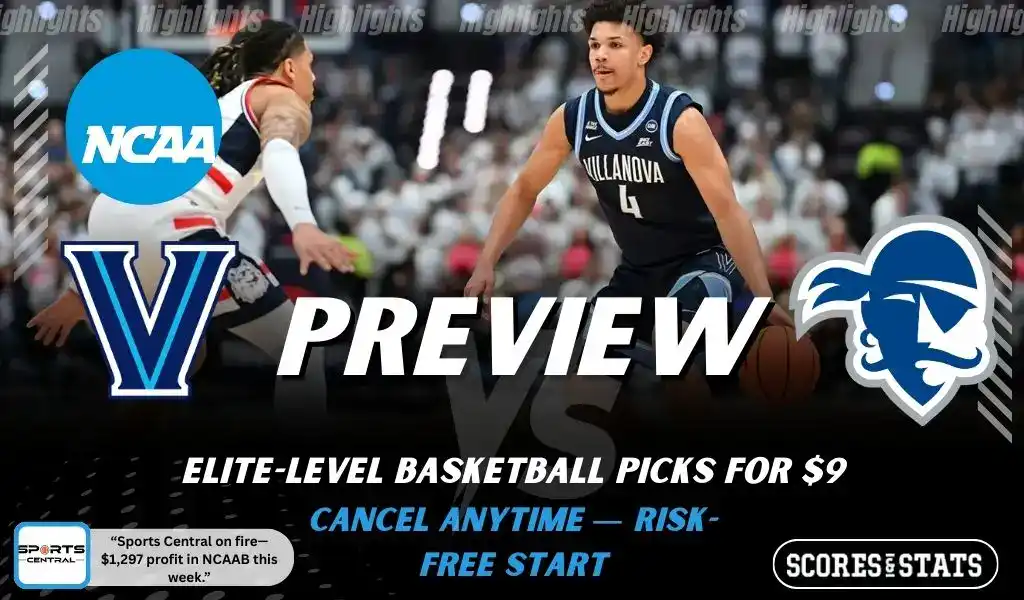 Villanova Wildcats vs Seton Hall Pirates preview graphic with both team logos, “Picks and Predictions” label, and Villanova Wildcats basketball action background (February 4, 2026).