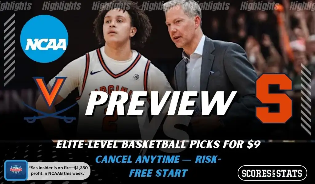 Virginia Cavaliers vs Syracuse Orange picks and predictions preview graphic for February 7, 2026, featuring both team logos, a “Preview” stats label, and Virginia basketball action in the background.