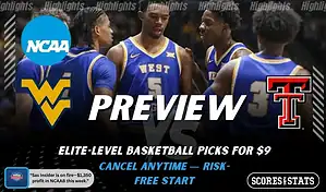 West Virginia Mountaineers vs Texas Tech Red Raiders picks and predictions preview graphic for February 8, 2026, featuring both team logos, a “Preview” stats label, and West Virginia Mountaineers basketball action in the background.