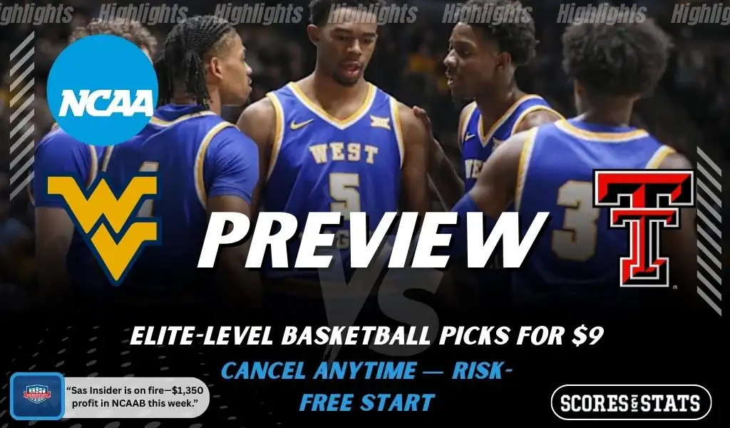 West Virginia Mountaineers vs Texas Tech Red Raiders picks and predictions preview graphic for February 8, 2026, featuring both team logos, a “Preview” stats label, and West Virginia Mountaineers basketball action in the background.