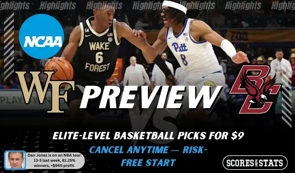 NCAAB preview graphic for Wake Forest Demon Deacons vs Boston College Eagles with both team logos, a matchup-themed background image, and the ScoresandStats logo.